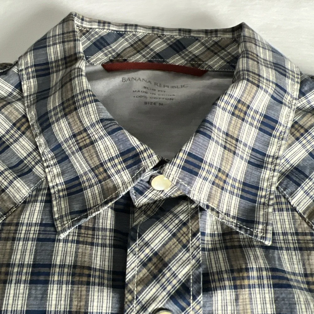 Banana Republic Men's Shirt Size Medium Slim Fit 2 Pockets Snaps Cotton Plaid C5